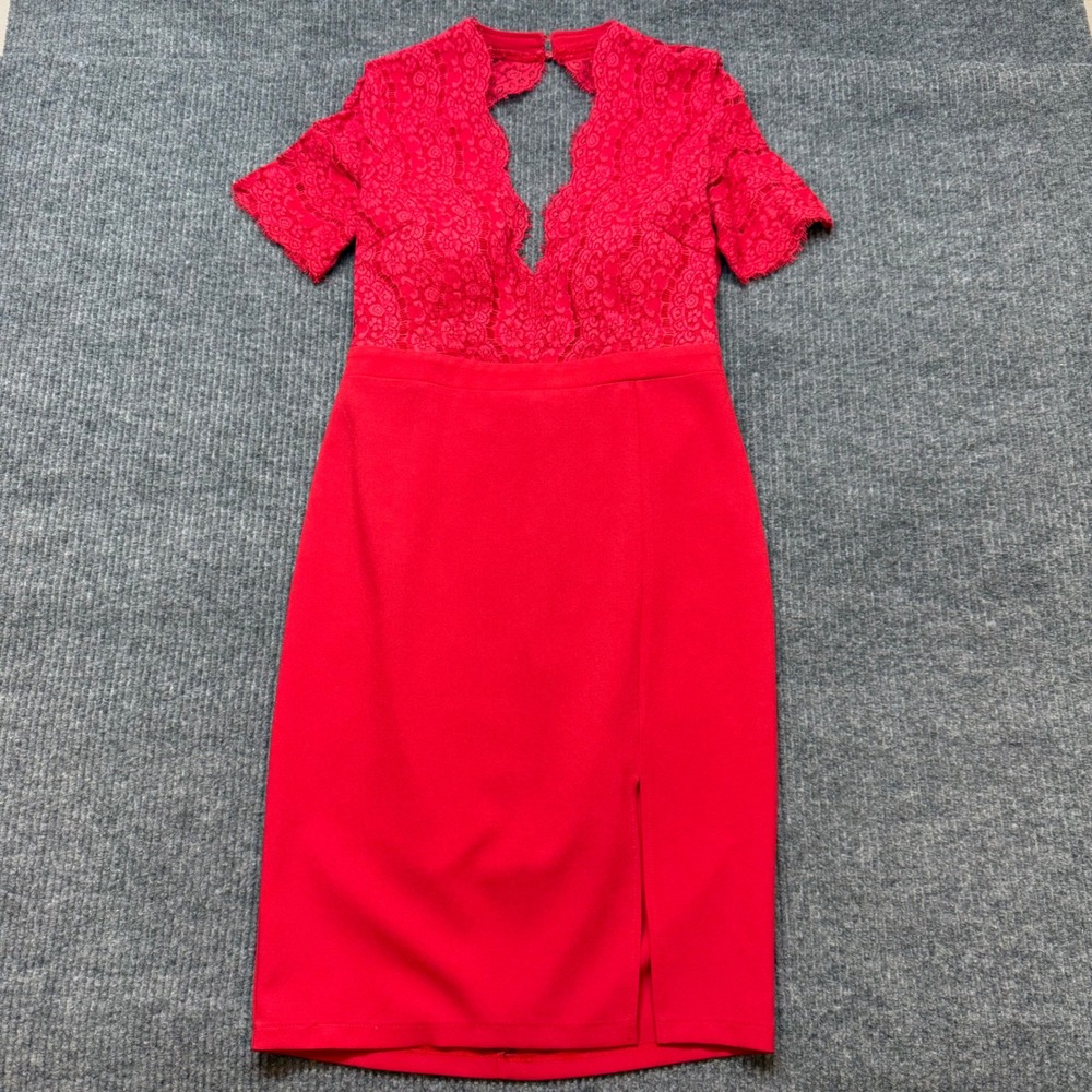 Missguided Lace Bodice Midi Dress Womens 16 Red V-Neck Slit Cocktail Party